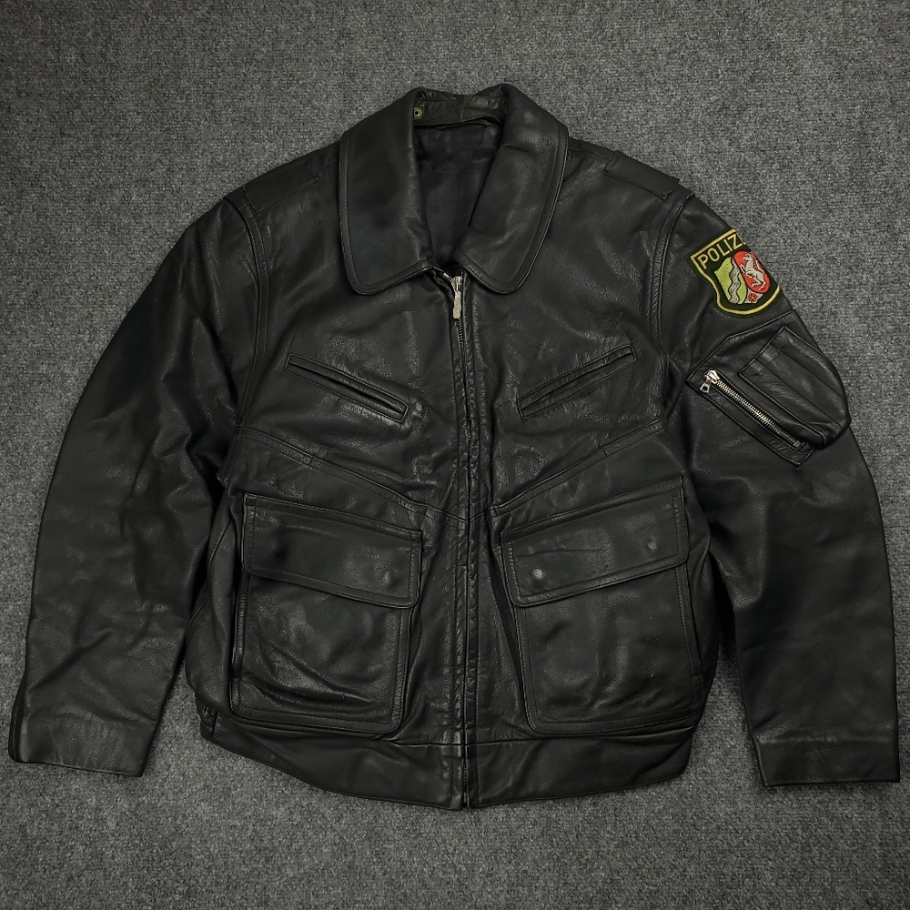Vintage Original German Polizei Police Leather Bomber Jacket 48 Small Medium 90s